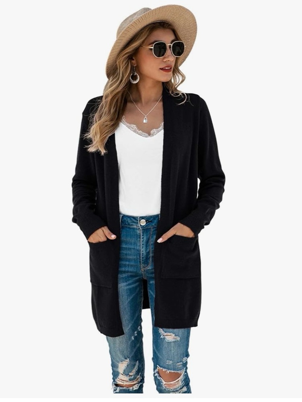 Everyday Black Open-Front Pocket Cardigan for Women